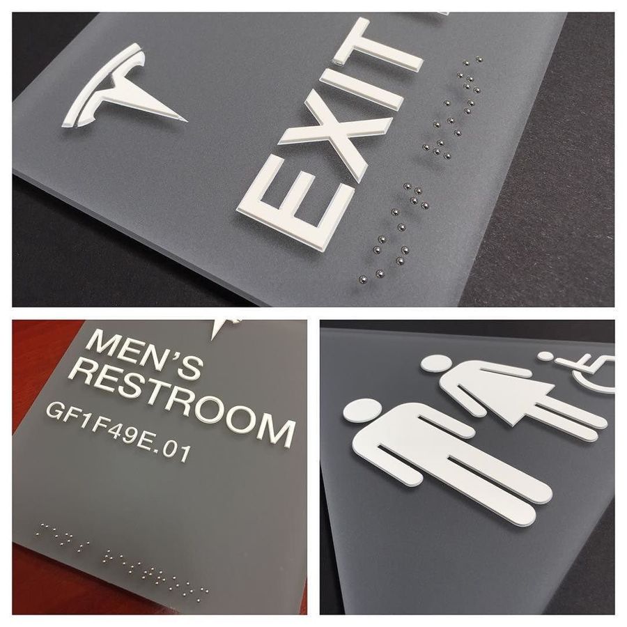 ADA room ID, restroom and safety signs for an office building in San Jose